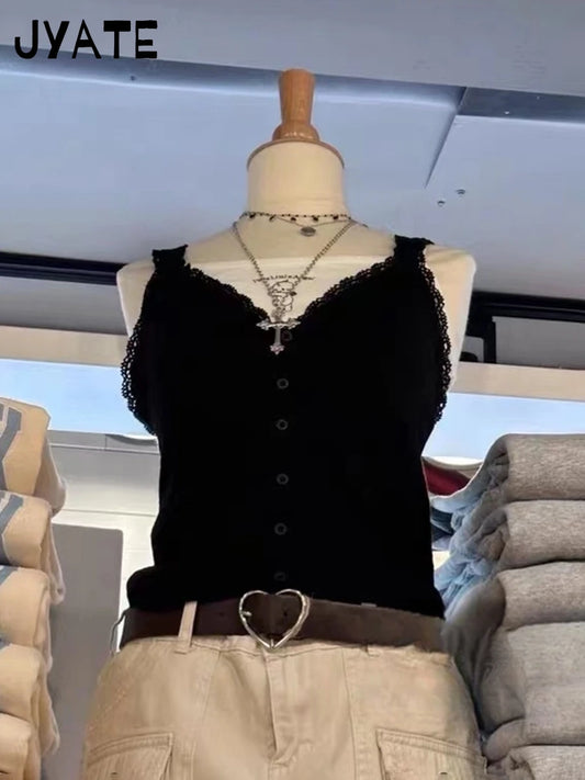 Black Slim V-neck Tank Tops Women Summer Casual Cotton Single Breasted Sleeveless Vests Female Vintage Sweet Y2K Camis