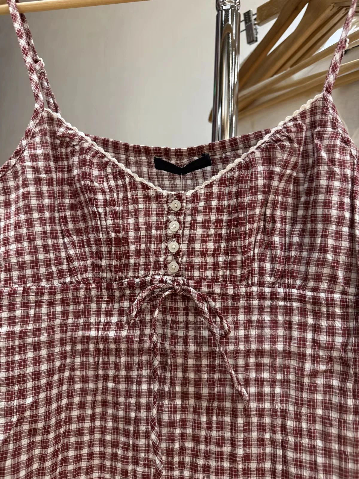 Red Plaid Drawstring Tank Top for Woman Summer Buttons V-neck Cotton Slim Camisole Female Vintage Preppy Style Sweet Crop Tops