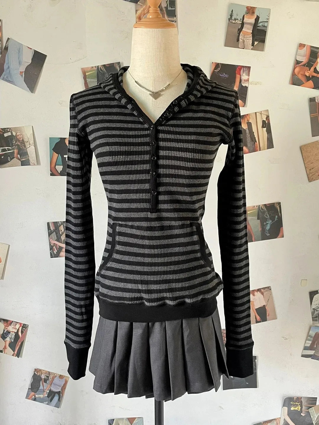 New Waffle Hooded T-shirt Women Casual Button Cotton Slim Long Sleeve Tee Shirt Vintage American Preppy Style Tshirt Y2k