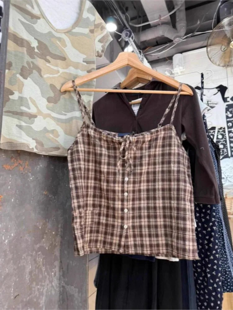 Retro Plaid Lace-up Ruffles Tank Tops Women Summer New Cotton Sexy Slim Buttons Strapless Vests Cute Vintage Preppy Camisole Y2K