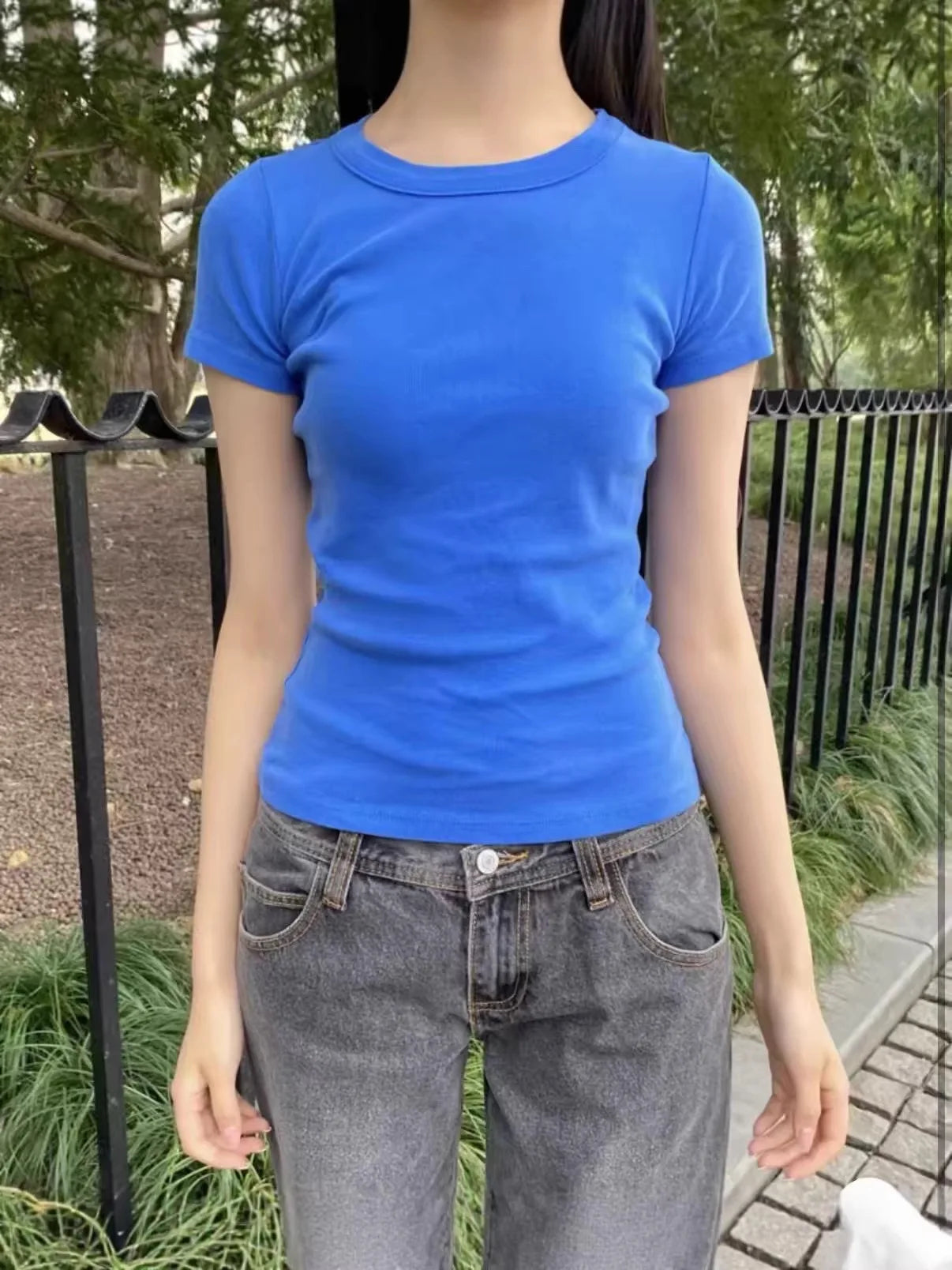 Vintage Electric Blue O-neck T-shirts Women CasualStreetwear  Slim Cotton Short Sleeve Tees Sweet Simple All-match Tshirts Y2K