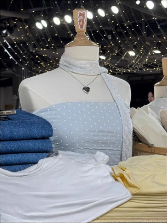 Blue Polka Dot Strapless Vests Women New Cotton Sexy Slim Casual Cropped Camisole American Sweet Preppy Style Tank Tops Y2K Tube
