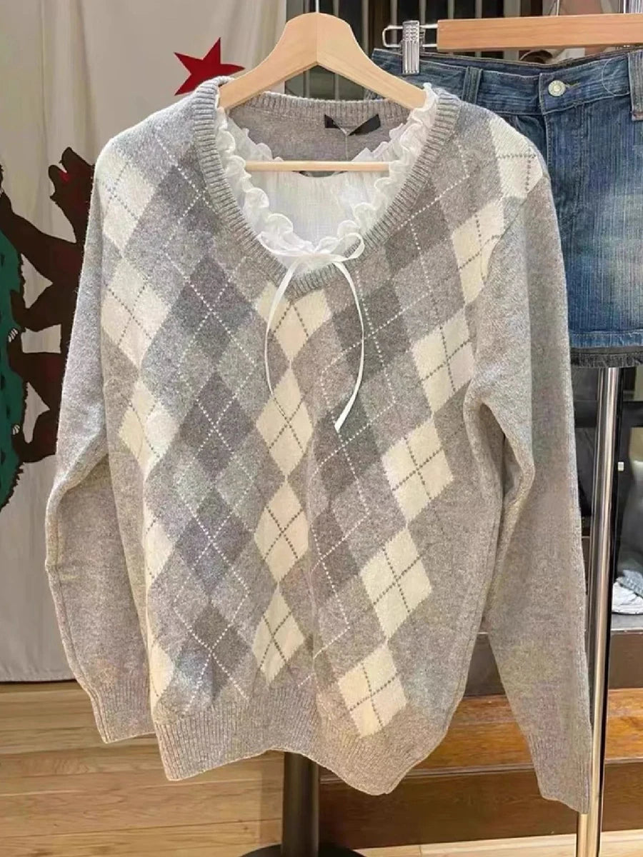 Fashion Loose Argyle Preppy Sweater Women Autumn Cotton V-neck Casual Long Sleeve Pullover Tops Streetwear Vintage Chic Jumpers