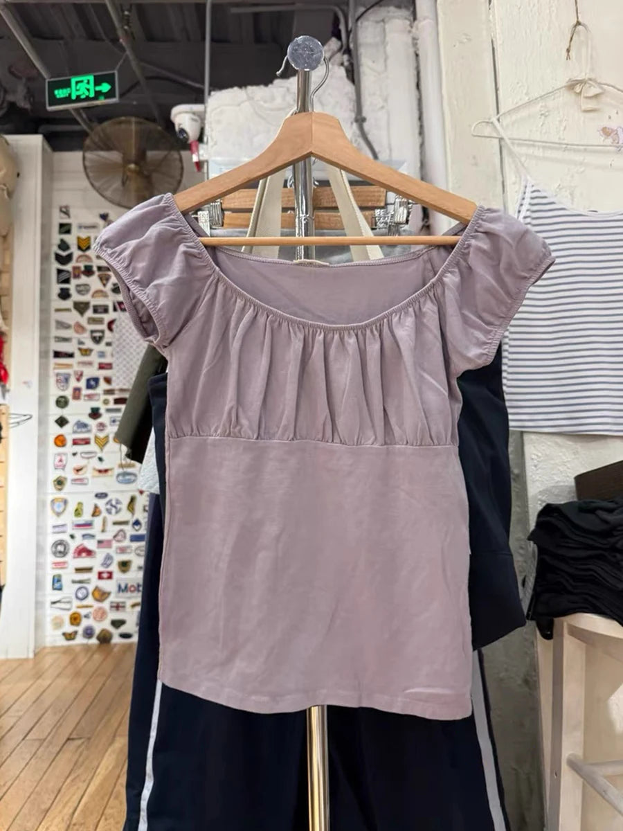 Purple Ruffle Slim Short Sleeve Tee Women Summer Square Collar Cotton Mesh Folds T-shirts Female Aesthetic Sweet Cute Y2K Tops