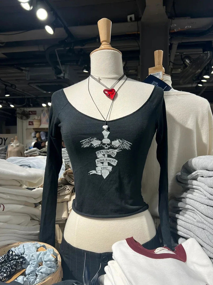 American Cross Print Slim Long Sleeve Crop Top Women Autumn Sexy V-neck Cotton Cropped Tee Vintage Streetwear T-shirts Y2k Tops