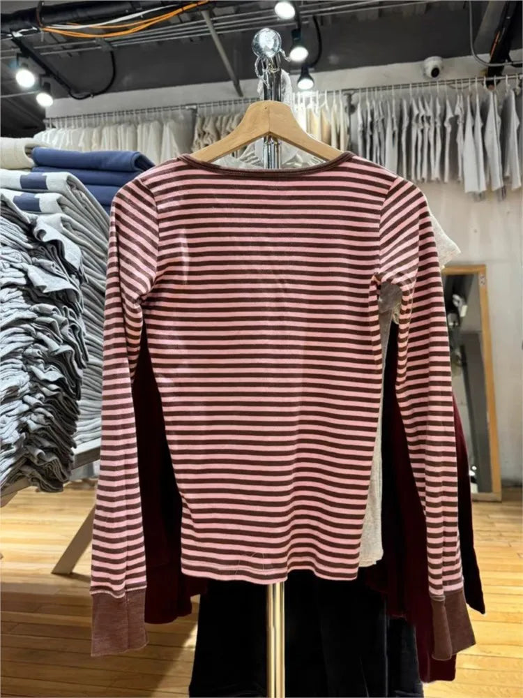 Cute Pink Brown Striped T-shirt Women Buttons O-Neck Cotton Slim Patchwork Long Sleeve Tee Sweet Preppy Style Tshirt Y2K Top New