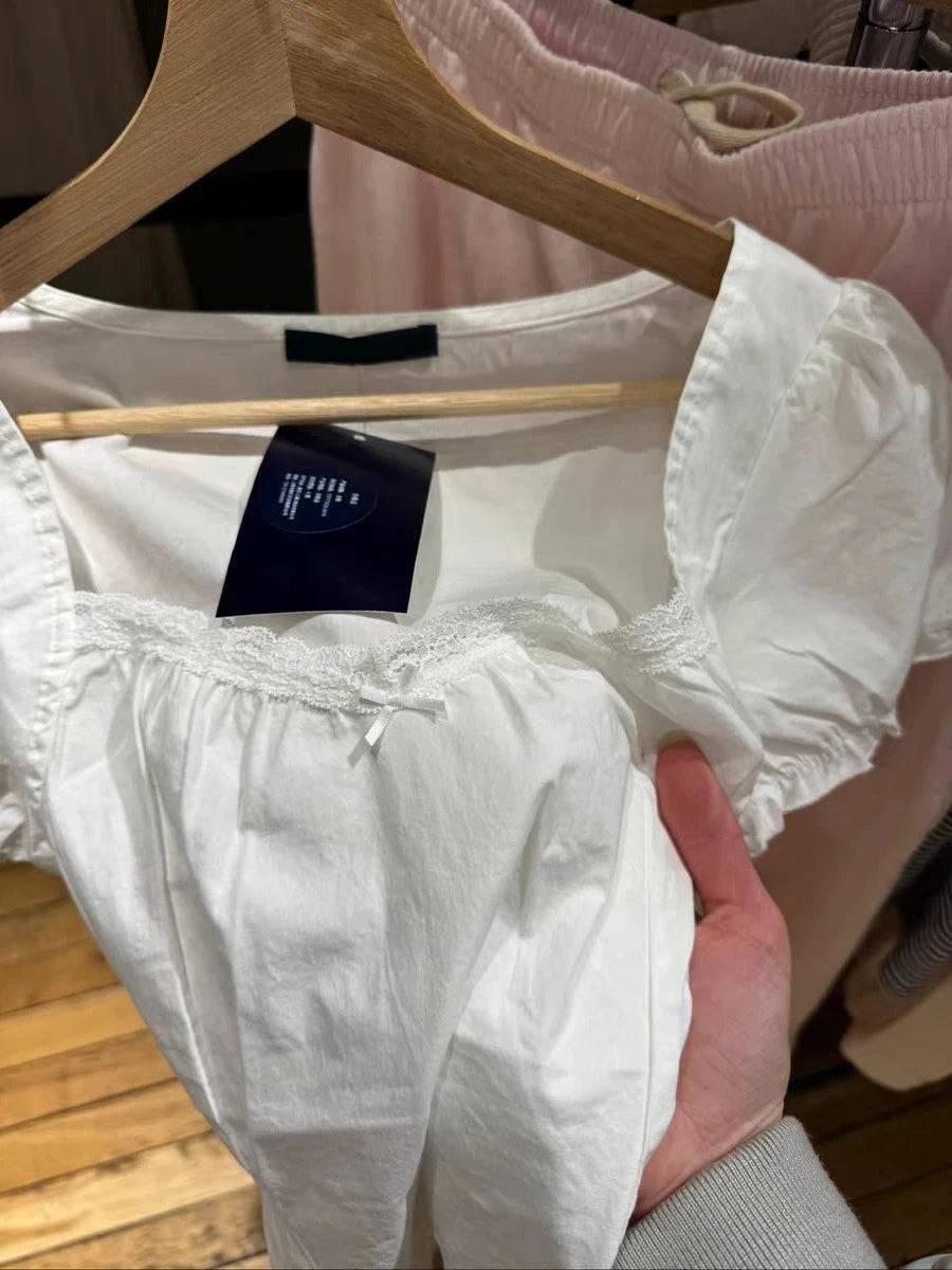 White Lace Trim Short Puff Sleeve Tees Women Summer Cotton Back Lace-up Square Collar T-shirt Blouse Sweet Cute Casual Crop Top