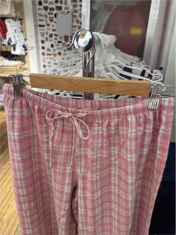 Cute Pink Plaid Drawstring Straight Sweatpant Women Summer Y2K Cotton Linen Casual High Waist Trousers Sweet Home Long Pants New