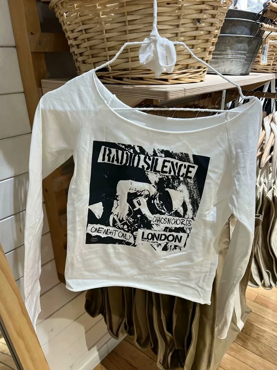 Sexy Slash Neck Slim Long Sleeve Tees Women Cotton Graphic Print Raw Hem Casual Tops Female Vintage Chic Streetwear Y2K T-shirts