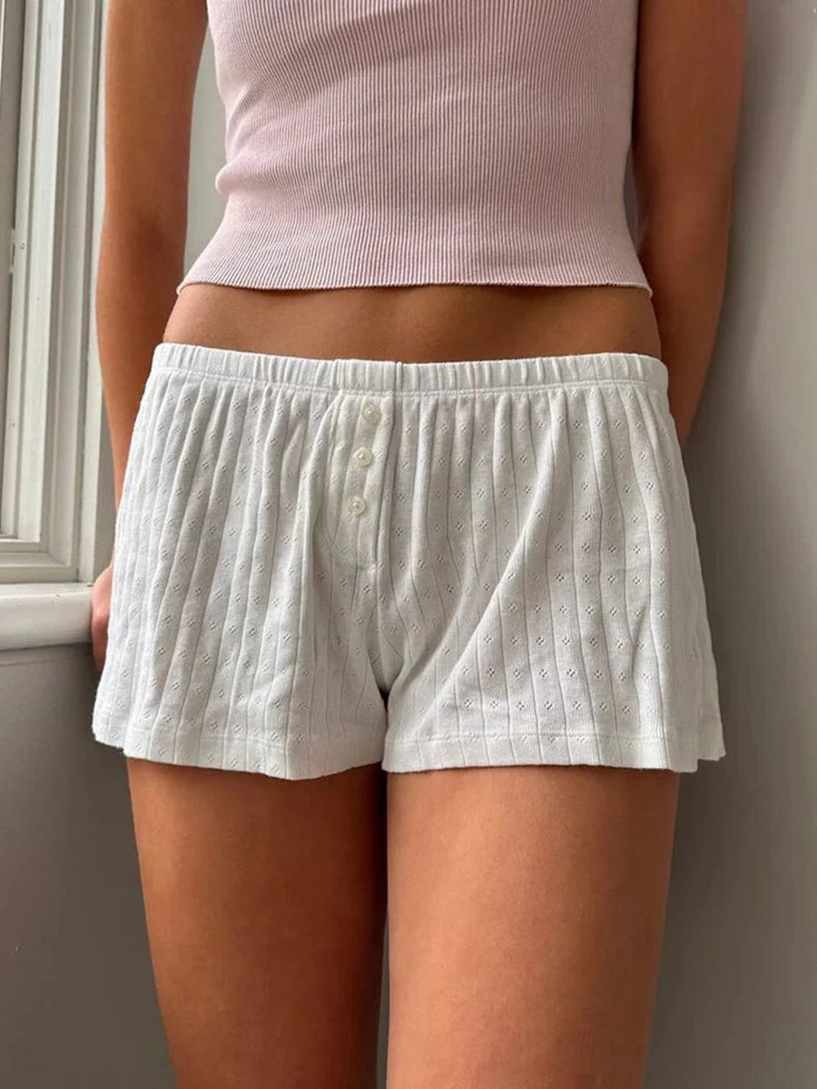 Eyelet White Cotton Shorts Women Summer High Waist Three Buttons Straight Short Pant Home Underwear Sweet Basic Y2K Sweatshorts
