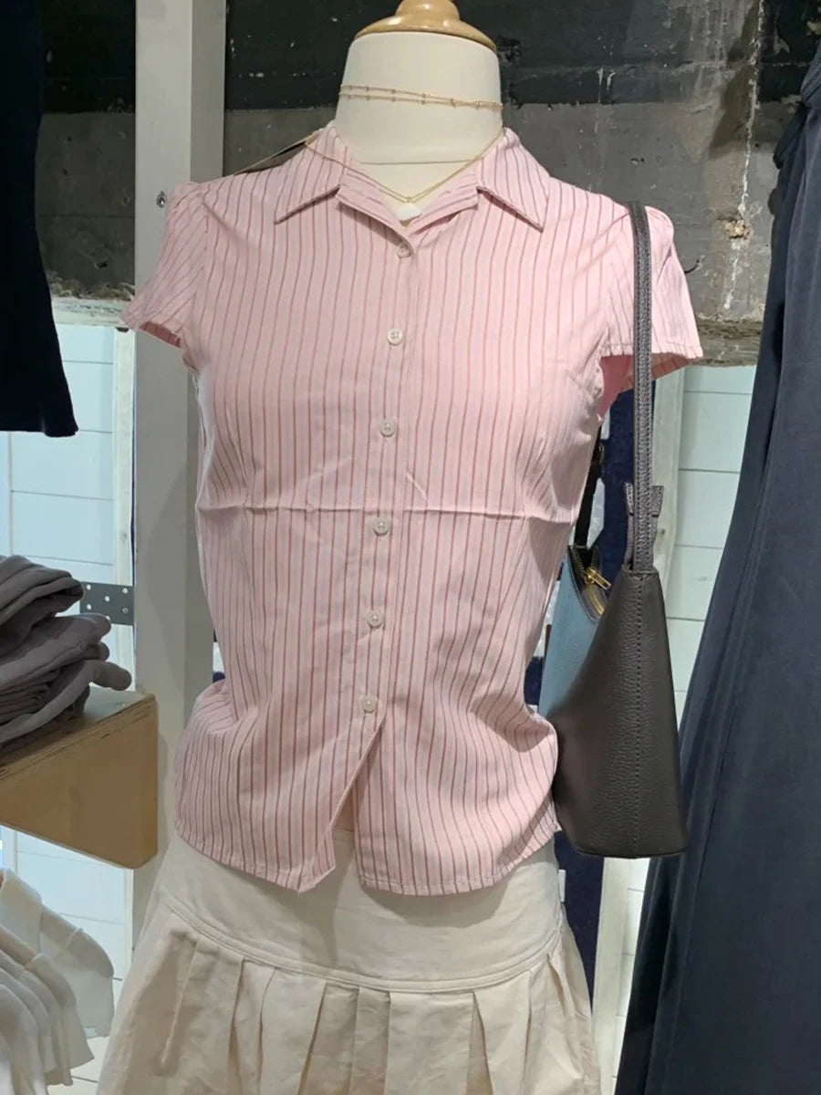Red Plaid Button Blouse Women Casual Streetwear Cotton Lapel Short Sleeve Tees Vintage Preppy Style Sweet T-shirts Y2K Tops