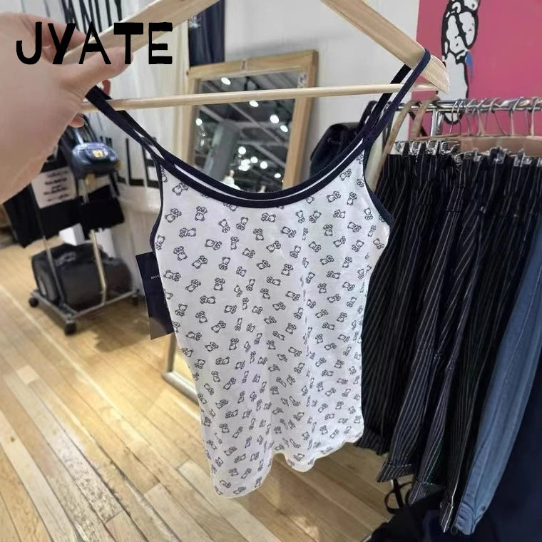 Cute Little Bear Print Slim Tank Tops Women New Casual Patchwork Sleeveless Vests Femme Streetwear Sweet Preppy Style Camisole