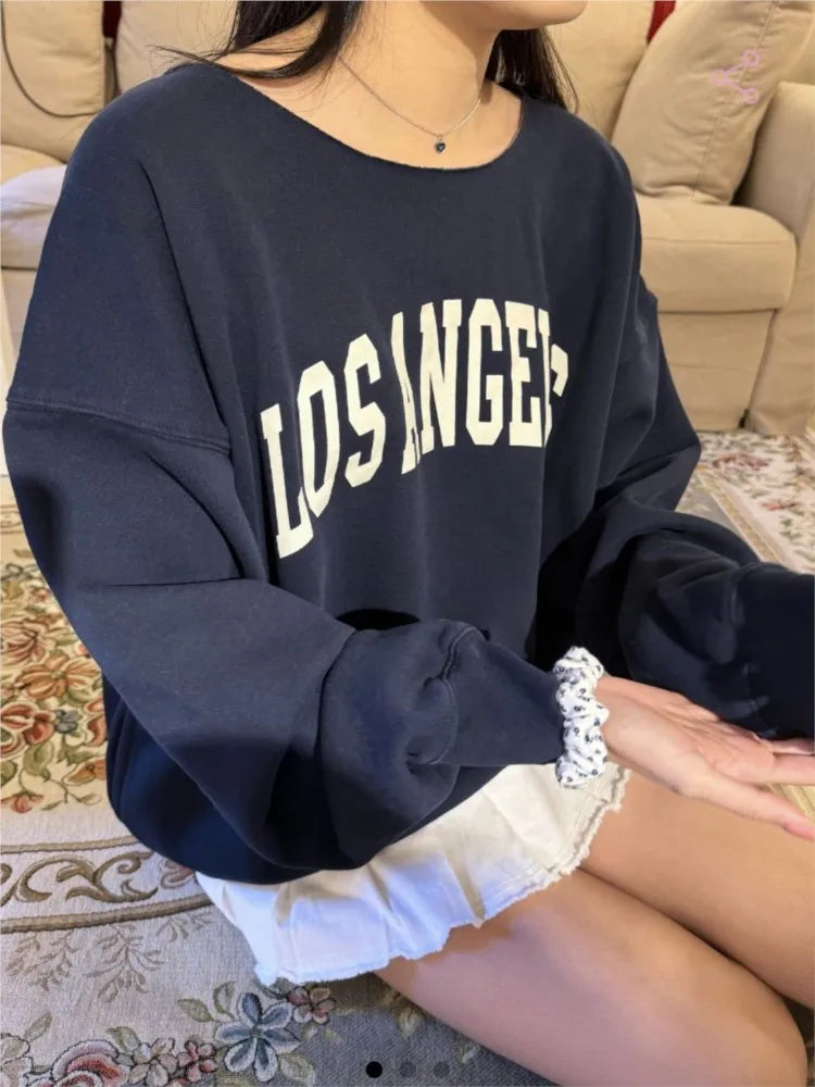 Vintage Letter Print Oversized Sweatshirt Women Autumn Scoop Neck Long Sleeve Cotton Loose Pullover Sexy Street Chic Hoodies Y2K