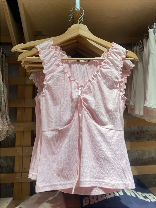 Cute Pink Fungus Trim Slim Tank Tops Women Summer Sleeveless Sexy Bow V-neck Cotton Crop Top Femme Simple Sweet Cute Vests Y2K