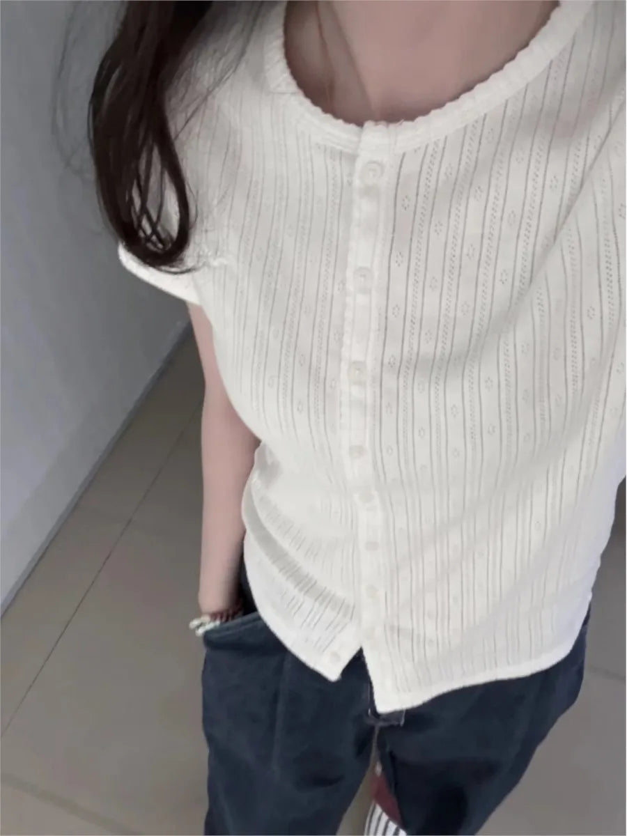 White Eyelet Button T-shirts Women New Casual Streetwear Cotton Lace Trim O-neck Short Sleeve Tees Sweet Simple All-match Tshirt