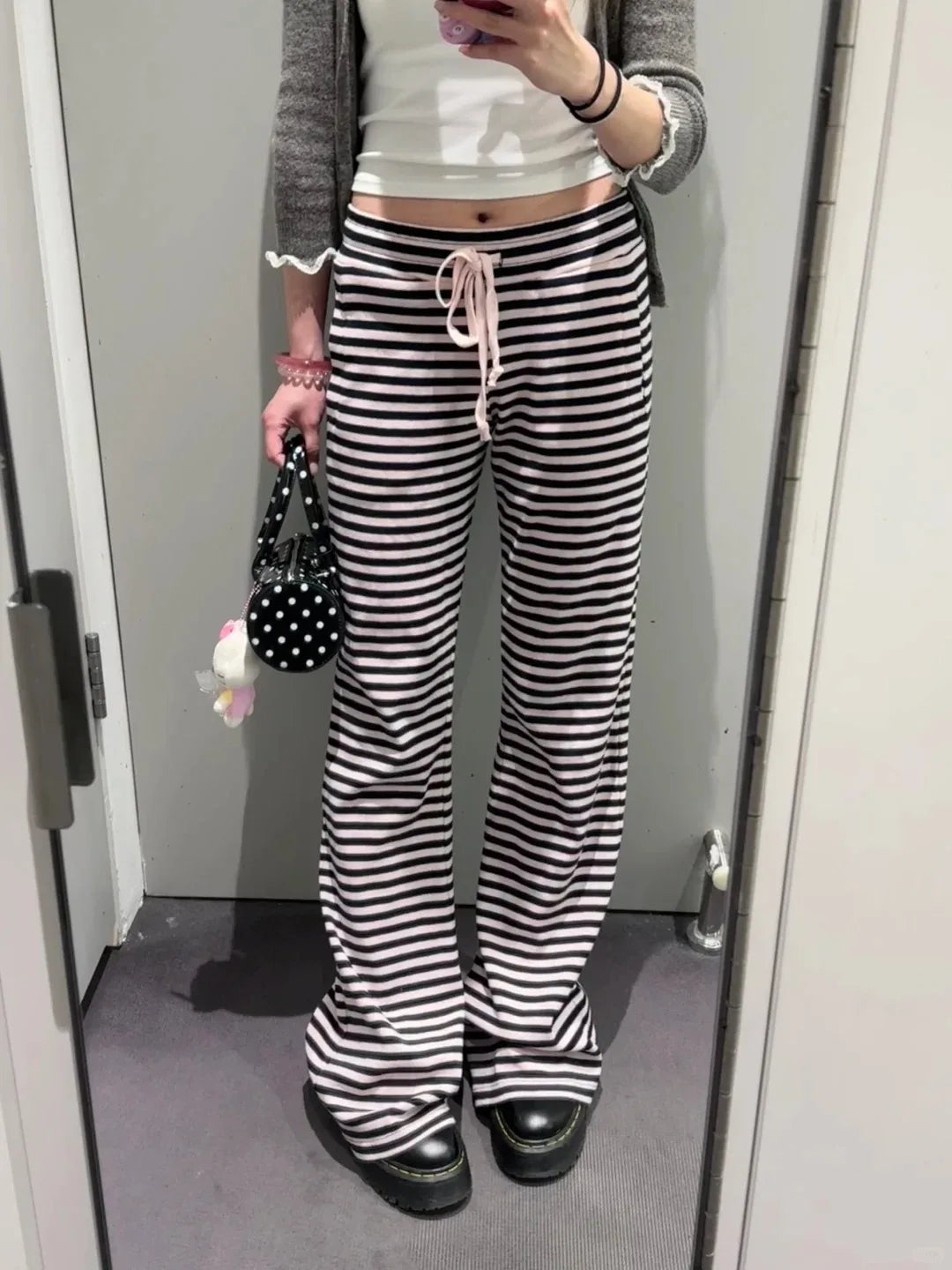 Sweet Pink Striped Drawstring Wide Leg Pants Women Autumn Cotton Soft High Waist Casual Sweatpant Chic Preppy Style Y2K Trousers