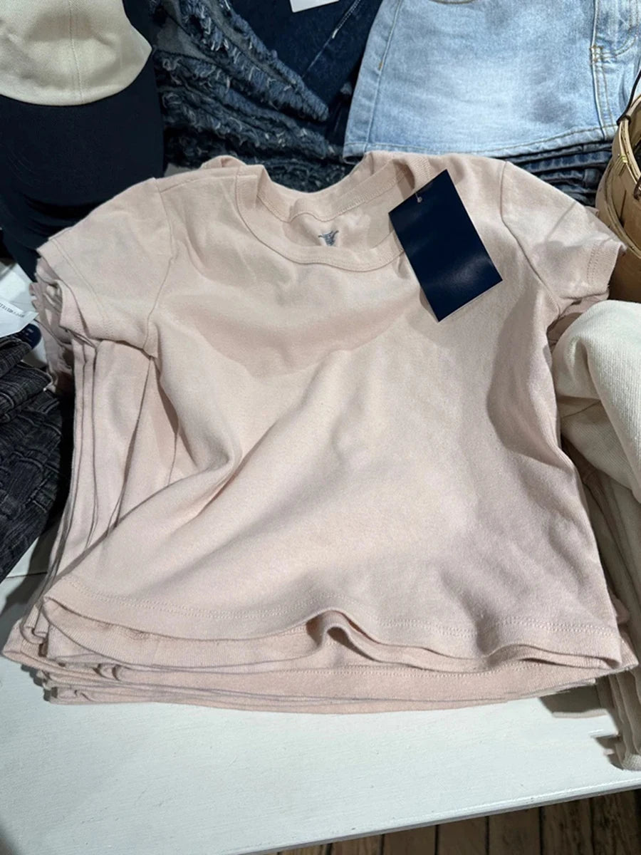 Pink Sweet Cotton Slim Crop Tops Women Summer New Casual O-neck Solid Short Sleeve Tees Female Cute Simple Basic Y2K T-shirts