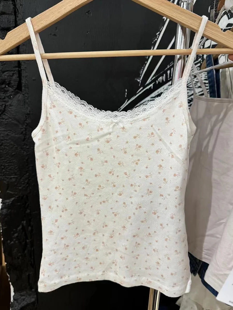 Pink Floral Print Lace Trim Tank Tops Women Summer New Cotton Bow Casual Chic Simple Camisole Girl Sweet Cute Vintage Vests Y2K