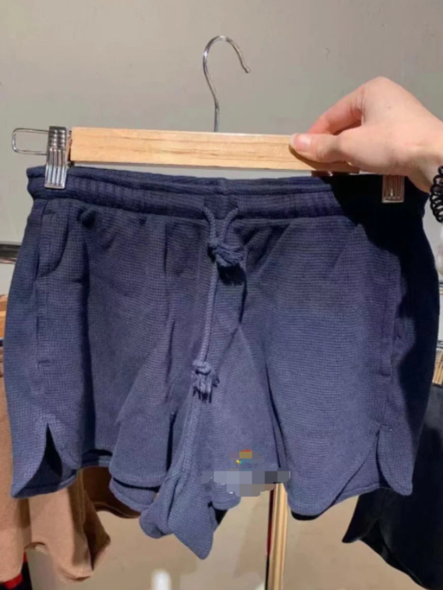 Yellow Waffle Loose Shorts Women Summer New Casual Drawstring Elastic High Waist Sports Short Sweet CutePreppy Style Short Pants