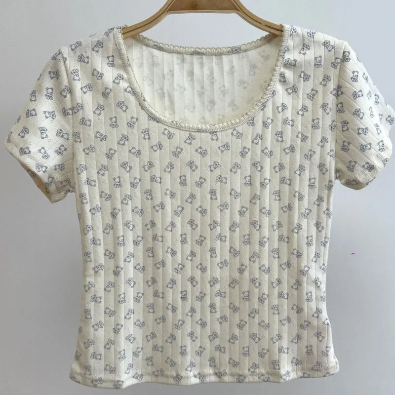 Floral Print Eyelet Short Sleeve Tee Women New Casual Streetwear Slim Cropped Tops Girl Sweet Cute Preppy Style T-shirts Y2K Top