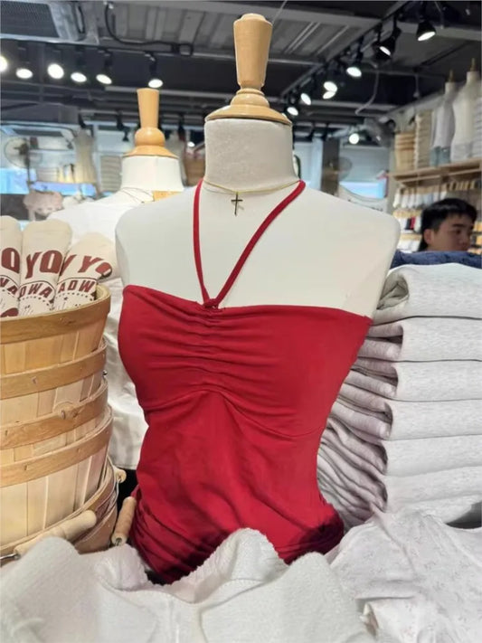 Red Drawstring Folds Strapless Tank Tops Women Casual Simple Cotton Slim All-match Vest Sweet Chic Preppy Style Camisole Y2K