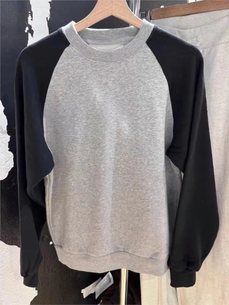 Fashion Simple Gray Patchwork O-neck Sweatshirts Women Autumn Cotton Casual Streetwear Hoodies Harajuku Vintage Pullover Top Y2K