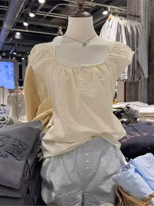 Yellow  Lace-up Ruffles Sleeve Tees Women Summer Simple Casual Flax Cotton U-neck Buttons Tops Sweet Cute Preppy Style T-shirts