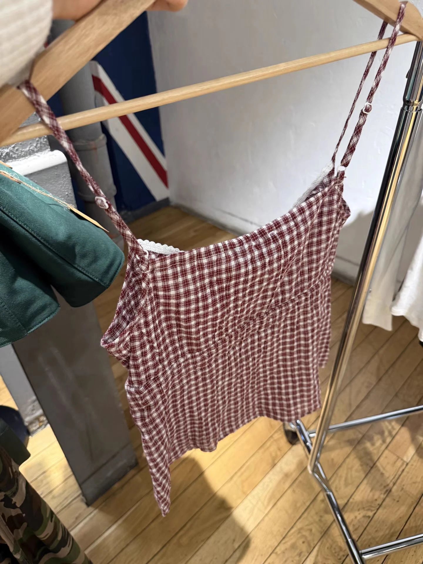 Red Plaid Drawstring Tank Top for Woman Summer Buttons V-neck Cotton Slim Camisole Female Vintage Preppy Style Sweet Crop Tops