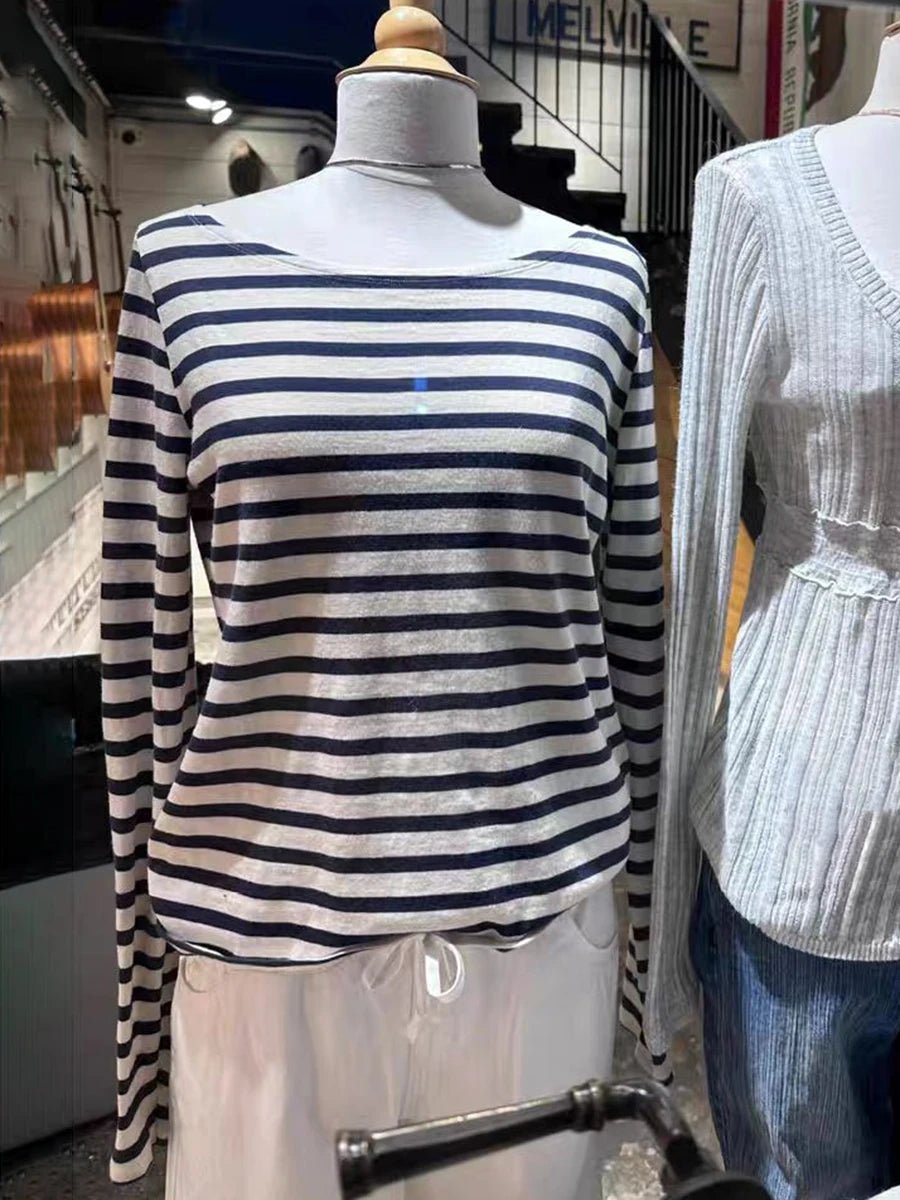American Navy Striped Long Sleeve T-shirt Women Spring Scoop Neck Slim Cotton Tee Shirts Vintage Streetwear Sweatshirt Y2k Tops