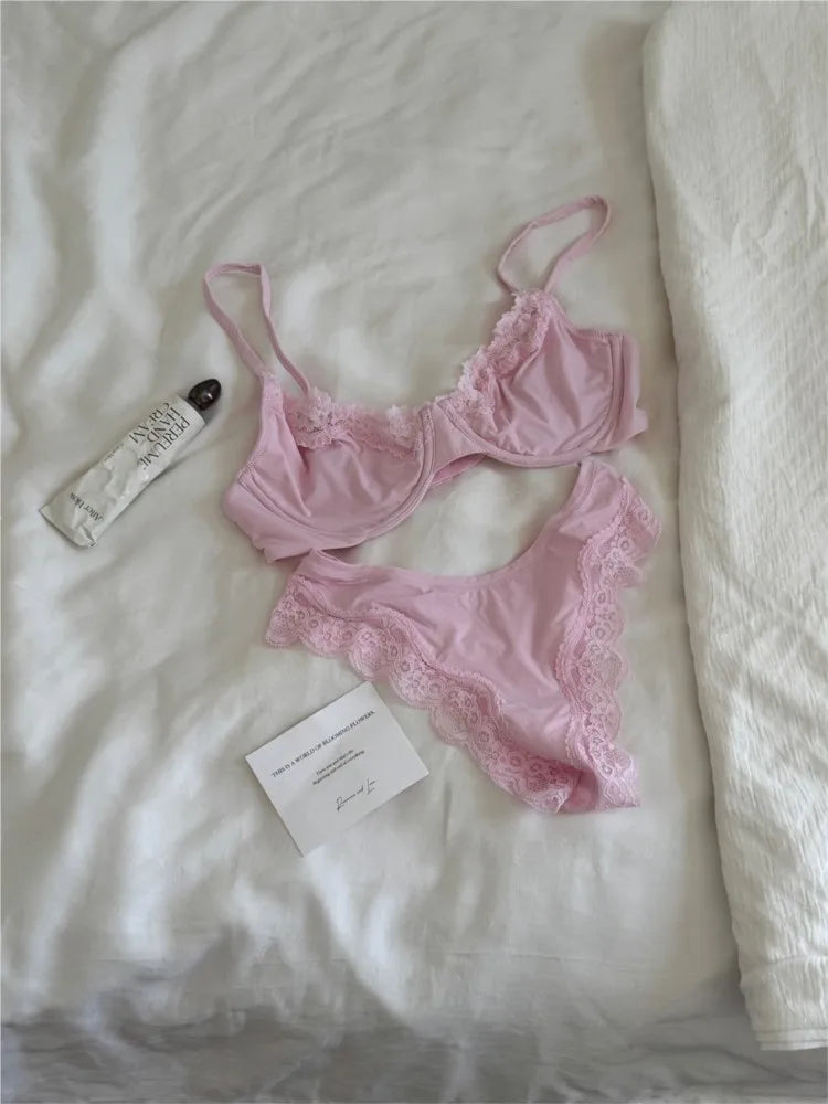Pink Unlined Full Cup Bra Set Underwire Lace Trim Lift Comfortable Minimalist Seamless Skin-friendly Everyday Bras and Panty