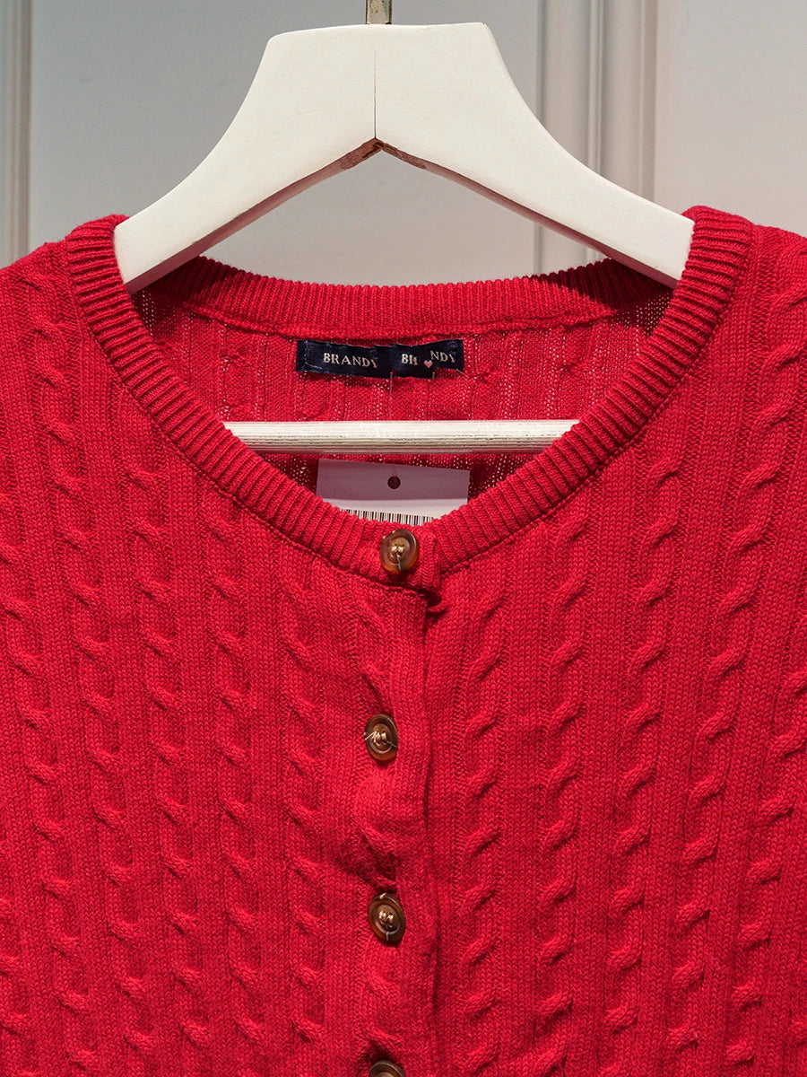 Red Twist flower Sweater Cardigan Women Autumn Casua; Single Breasted Long Sleeve Slim Knitted Coat Simple Crop Top Jumper Y2K