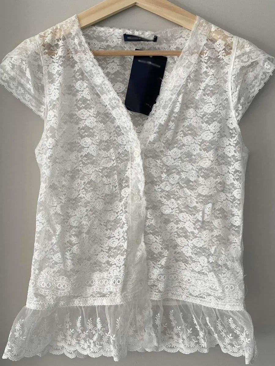 Sweet Jacquard Transparent Crop Tops Women Summer New Bow Lace Mesh V Neck Short Sleeve Tee Vintage Slim Cute Thin T-shirts Y2K
