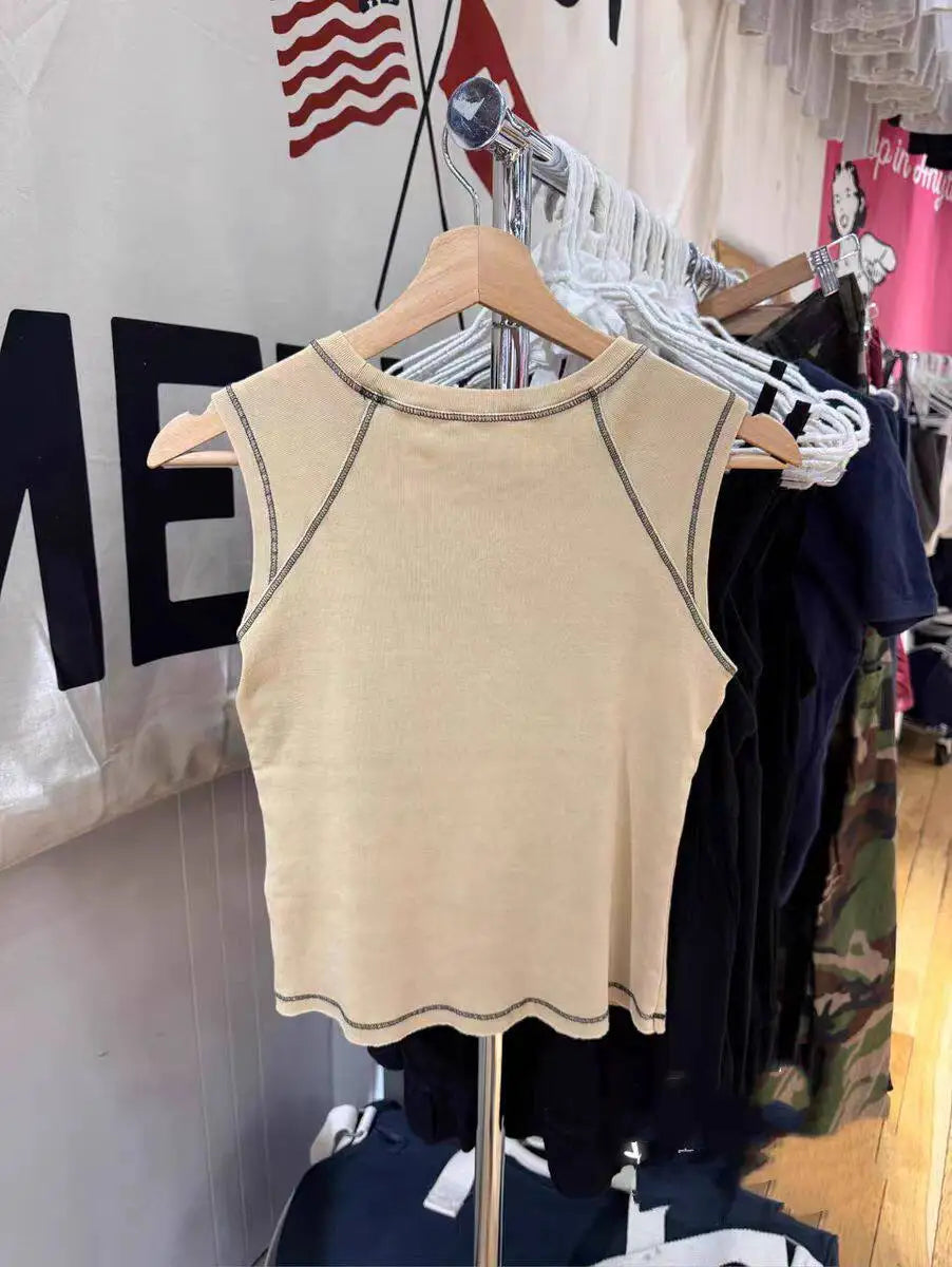 Cross Khaki Tank Tops Women Summer Casual Streetwear O-neck Slim Sleeveless Camisole American Vintage Chic Vests Y2K