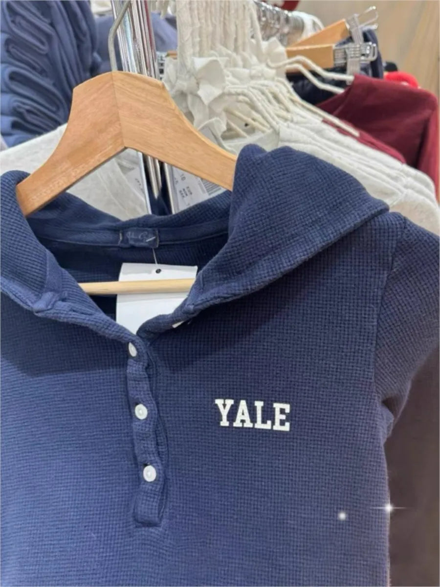 Letter Print Navy Hooded Cotton T-shirt Women Five Button Slim Waffle Long Sleeve Tee Shirt Casual Streetwear Vintage Tshirt Y2k