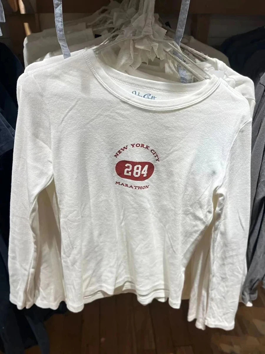 Fashion Letter Print Long Sleeve Tees Women Autumn Cotton Casual Slim Solid Simple T-shirts Streetwear Vintage American Y2K Tops