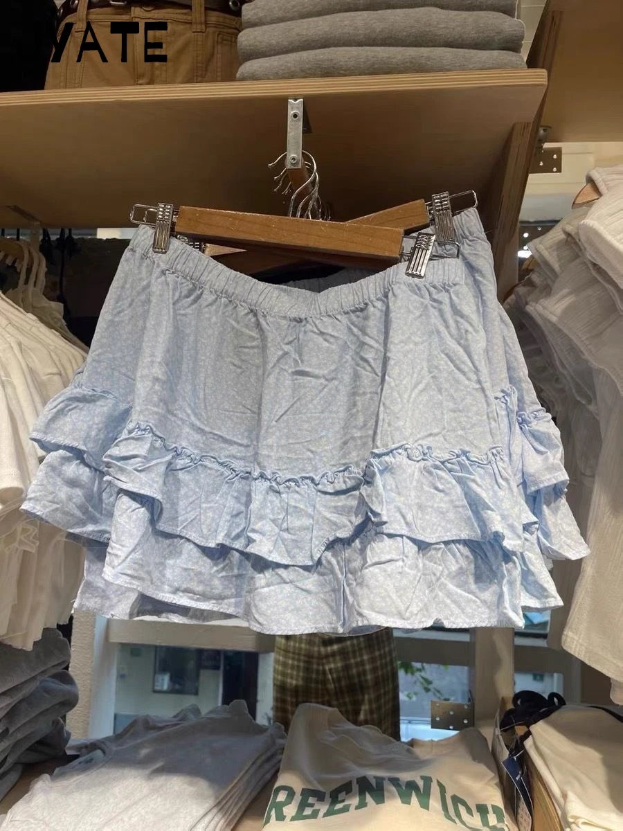 Sweet Pink Ruffles A-line Skirts Women Summer New Cotton Elastic High Waist Short Faldas Preppy Style Cute Casual Mini Skirt Y2K