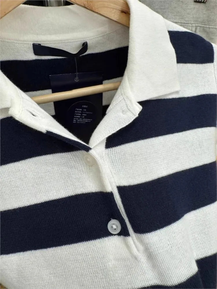 Vintage Striped Knitted Slim T-shirt Women Buttons Turn-down Collar Short Sleeve Tees Preppy Style Cotton Sweet Y2K Tshirts Tops
