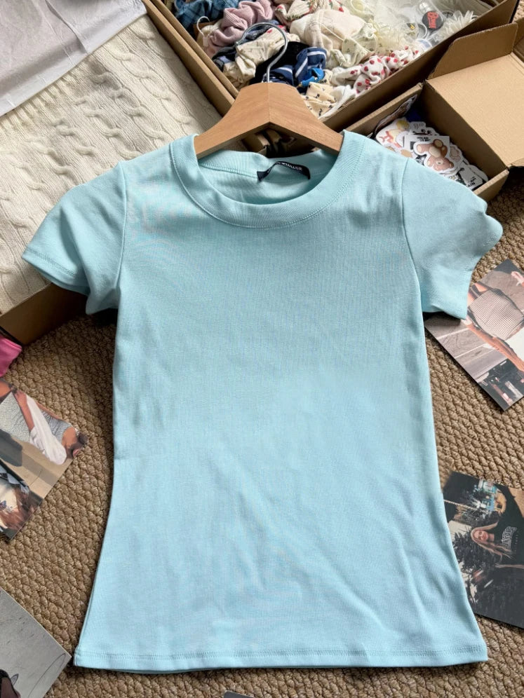 Light Blue Slim Basic T-shirts Woman Summer O-neck Short Sleeve Cotton Tee Shirts Solid Simple Casual All-match Tshirt Tops