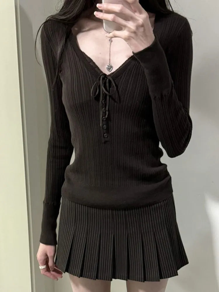 Knitted V-neck T-shirts Women Autumn Buttons Slim