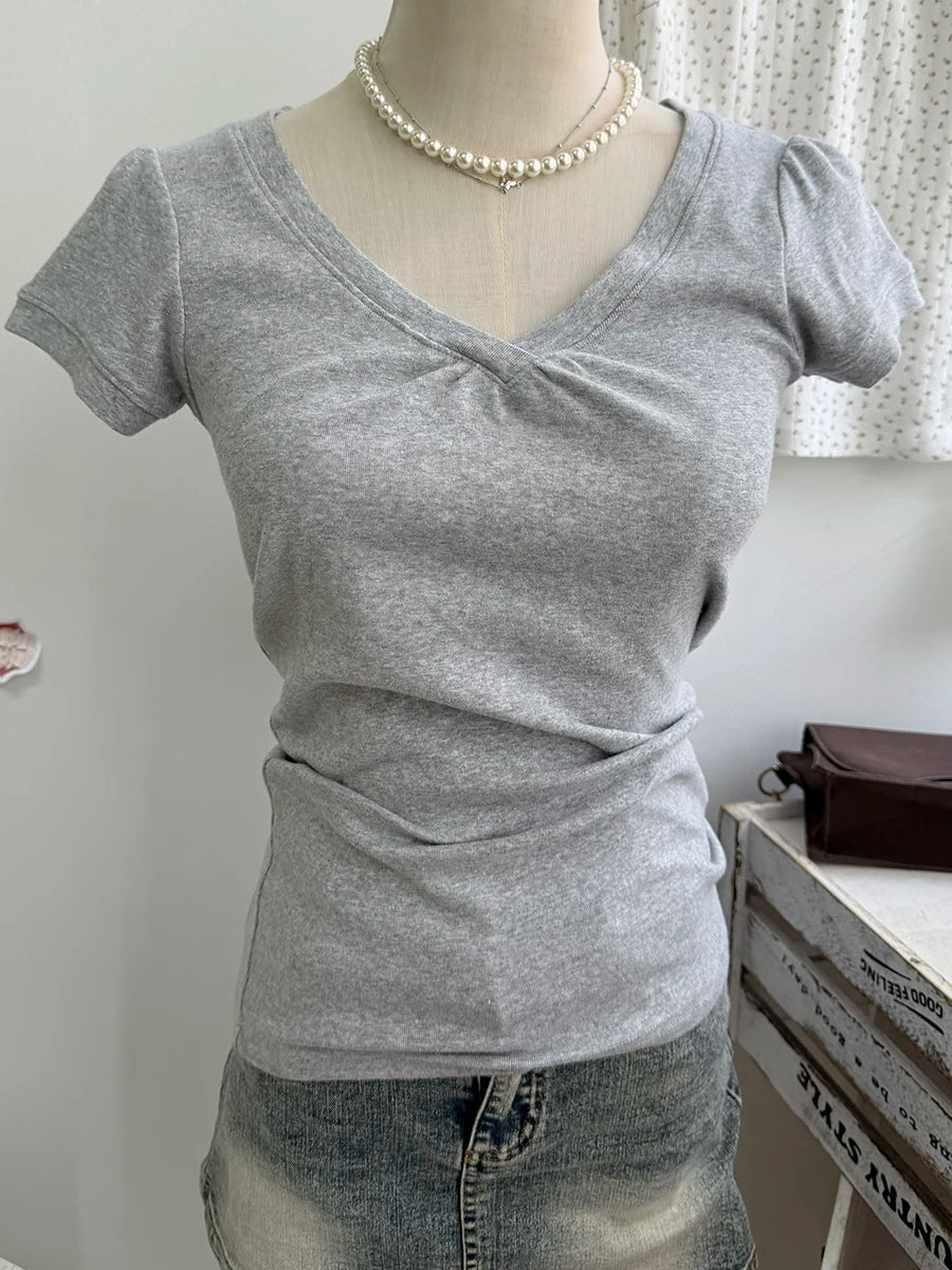 Folds V-neck Basic T-shirt Woman Summer Short Sleeve Cotton Slim Tee Shirts Female Casual Simple All-match Sweet Tshirt Tops