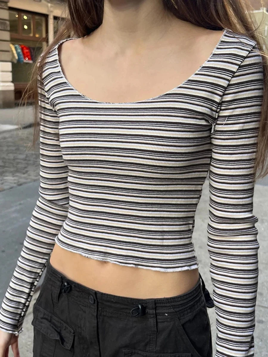 Striped Slim Sexy Cotton Long Sleeve Tees Women Casual Square Neck Streetwear Tops Female Vintage Chic Sweet Cute T-shirts Y2K
