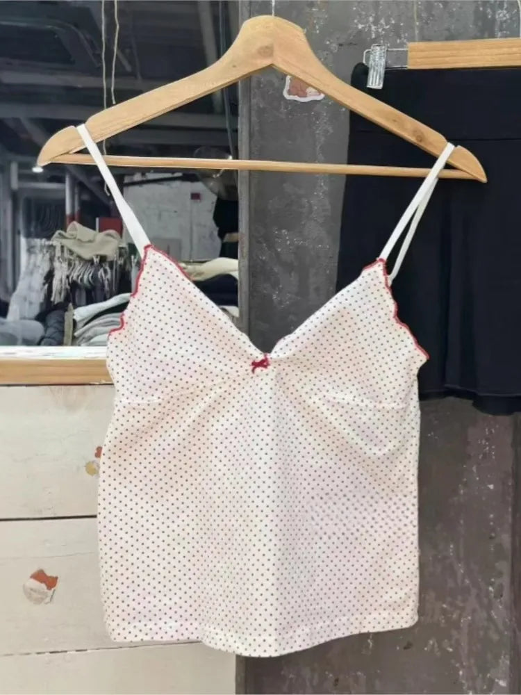 New Red Dot Fungus Trim Bow Tank Tops Women Casual Cotton Slim V-neck Sleeveless Camisole Sweet Cute Preppy Style Crop Top Y2K