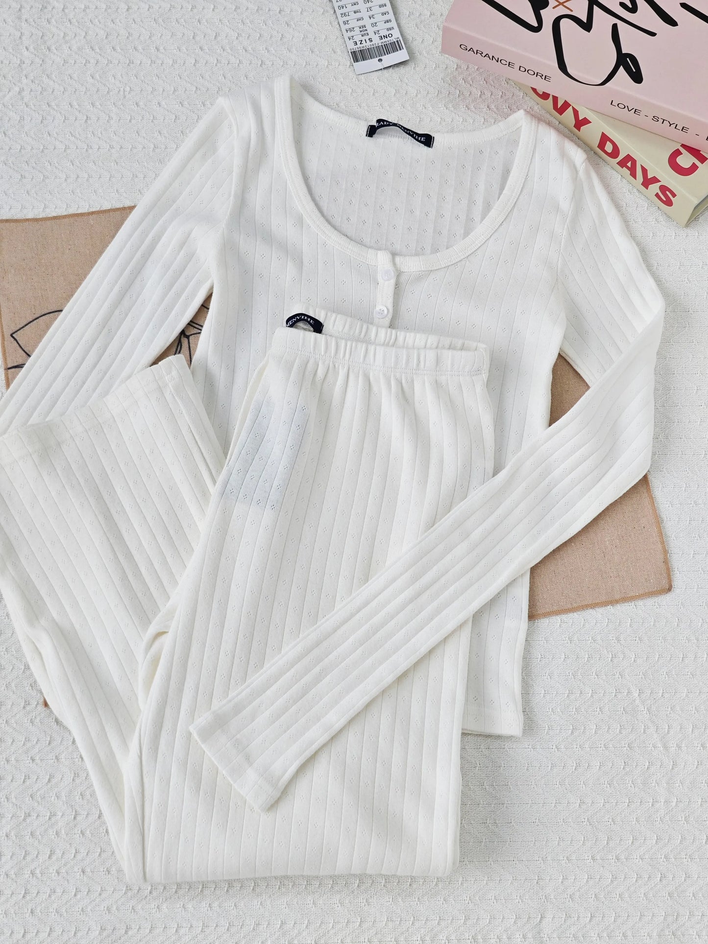 White Eyelet 2 Piece Sets Women Buttons Cotton Long Sleeve Tee+Elastic Waist Straight Trousers Home T-shirt Pant Pajama Set Y2K