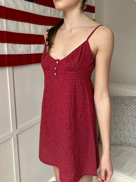Red Plaid V-neck Mini Dress Women Summer Casual Buttons Lace Trim A-line Short Vestidos Vintage Sweet Preppy Style Y2K Dresses