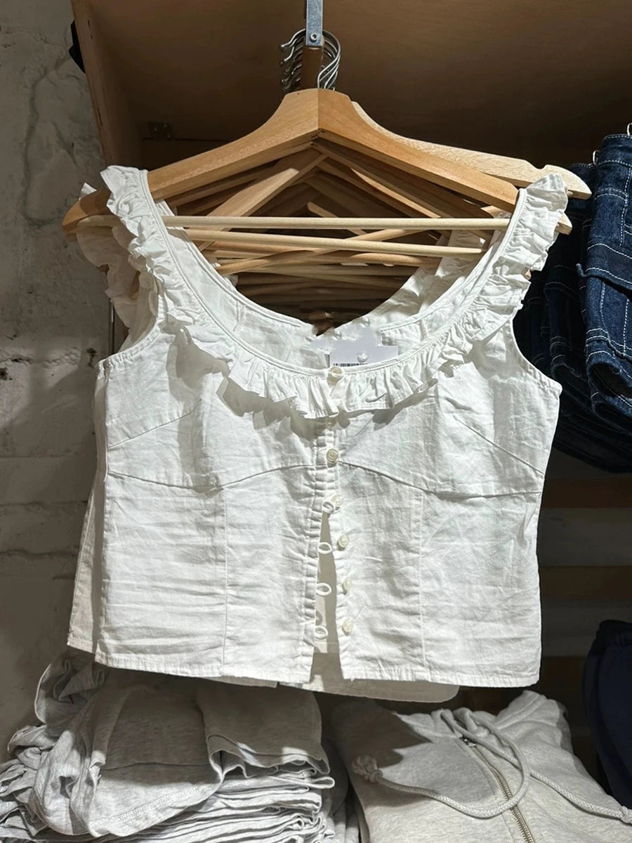 White Lace Trim Button Tank Tops Women Summer New Streetwear Slim Cotton Crop Top Female Sweet Casual Preppy Style T-shirts Y2K