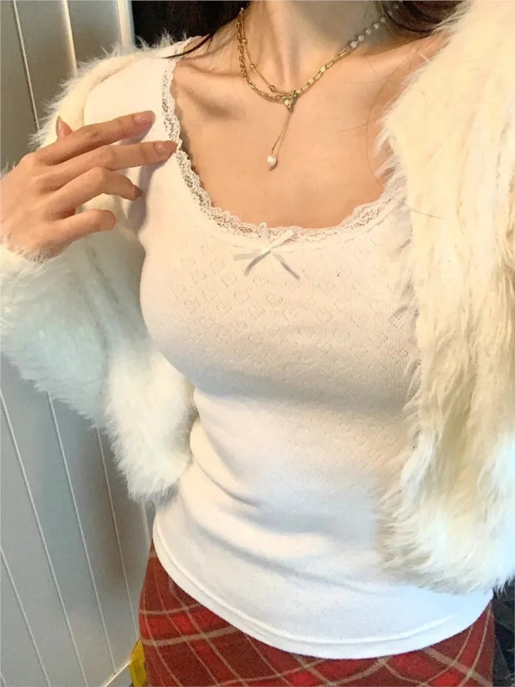 Sweet Bow Lace Trim Long Sleeve Women T-shirts Round Neck Heart Hollow Casual Simple Spring Summer Tops  Basic Chic Skinny Tees
