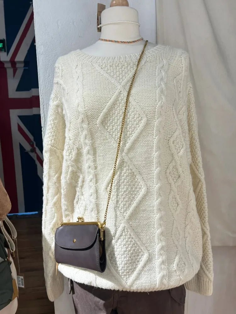 Sweet Beige Twist Flower Knit Sweater Woman Autumn Round Neck Long Sleeve Jumper Casual All-match Pullover Preppy Style Sweaters