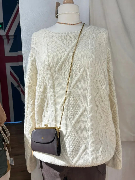 Sweet Beige Twist Flower Knit Sweater Woman Autumn Round Neck Long Sleeve Jumper Casual All-match Pullover Preppy Style Sweaters