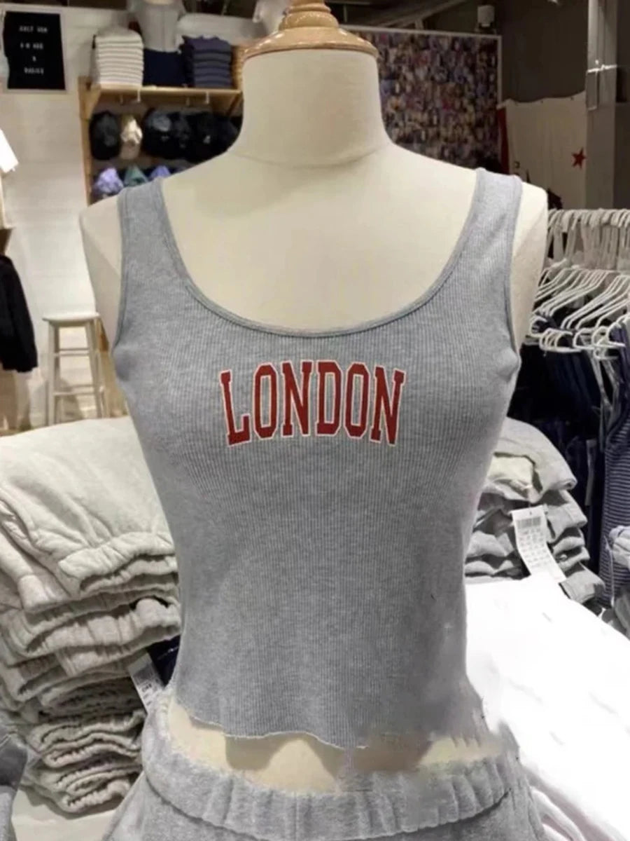 Fashion Gray Letter Print Sleeveless Vests Women Summer Slim Sexy Ribbed Chic Streetwear Crop Tops Female Vintage Y2K Cute Camis