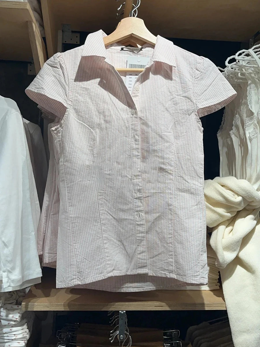 Pink Striped Peter pan Collar Blouse Women Casual Preppy Style Button Short Sleeve Tees Sweet Vintage Cute T-shirts Y2K Tops New